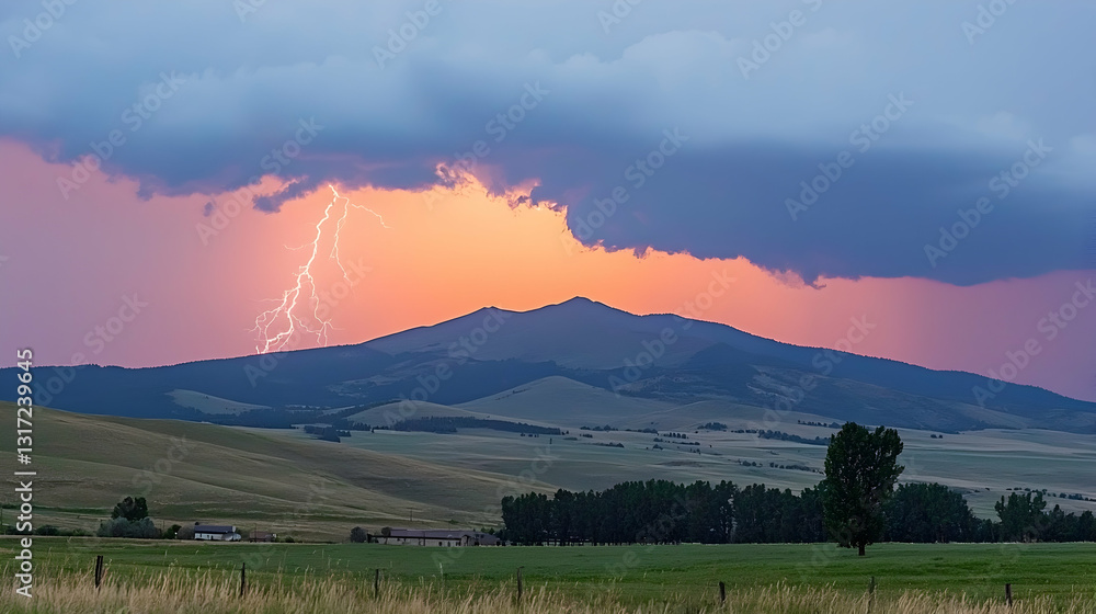Obraz premium Lightning strike over mountain range at sunset, rural landscape background; perfect for weather, nature, or travel publications