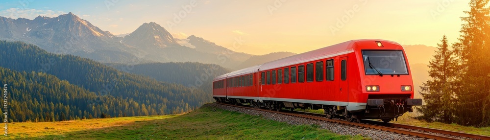 A vibrant red train travels through a picturesque landscape of mountains and greenery under a serene sunset sky. A vibrant red train travels through a picturesque landscape of mountains and greenery under a serene sunset sky.