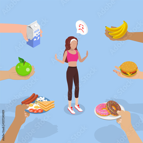 3D Isometric Flat Vector Illustration of Anorexia or Bulimia, Woman Rejecting Foods