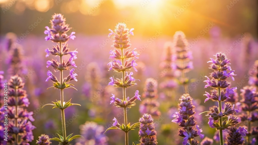 Obraz premium A field of purple wildflowers basking in the warm glow of a setting sun, capturing the beauty of nature's vibrant hues and the serenity of a summer evening.