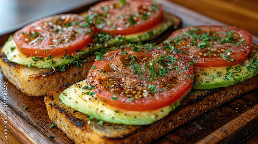 Two slices of toasted bread topped with slices of avocado and halved cherry tomatoes, garnished with small green shoots, presented on a wooden platter. Two slices of toasted bread topped with slices of avocado and halved cherry tomatoes, garnished with small green shoots, presented on a wooden platter.