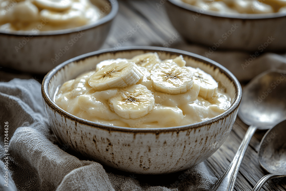 Bowl of creamy banana pudding fluff with whipped pudding and fresh banana slices Bowl of creamy banana pudding fluff with whipped pudding and fresh banana slices