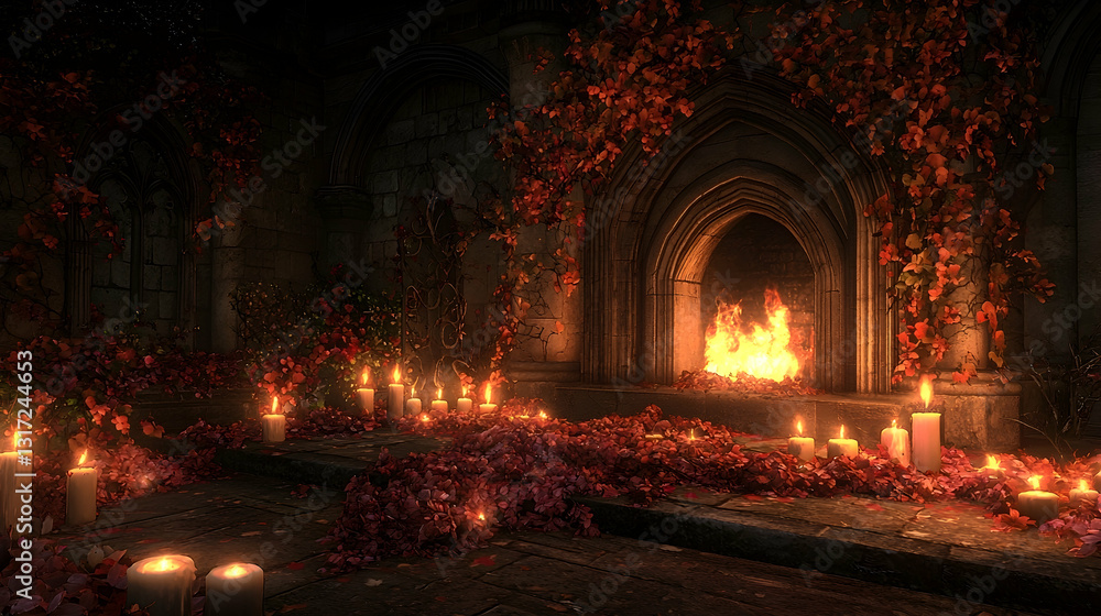 Obraz premium Gothic fireplace, burning fire, red flowers, candles, stone archway, romantic ambiance, fantasy game background