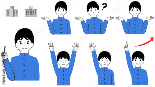 制服を着ている男の子の学生の表情セット