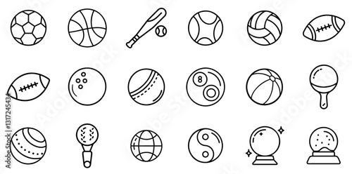 "Ball Icons Set: A Dynamic Collection of Symbols Representing Various Sports and Ball Types"