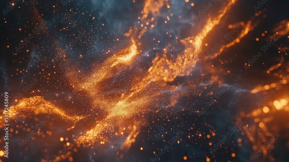 Fototapeta premium Abstract Nebula with Glowing Particles in Shades of Orange and Dark Blue