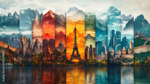 Global Landmarks Panorama: A breathtaking collage of world-renowned landmarks and majestic mountain ranges come together, creating a vibrant and inspiring representation of diverse cultures, travel.