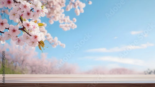 Empty Wooden Table Top With Pink Cherry Blossom Flowers In Spring Bloom Background With Blue Sky And White Clouds
