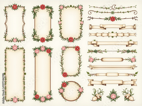 Elegant floral frames and banners in a vintage style.
