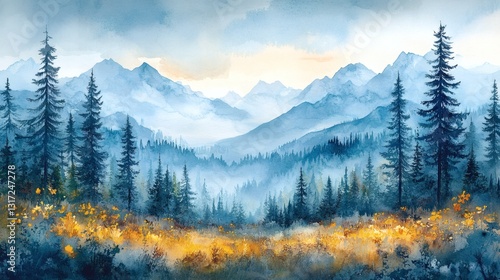 Watercolor forest hill landscape background. Beautiful watercolor nature landscape with forest, trees, nature and sky. Design elements for christmas, winter, xmas, summer wallpaper illustration.