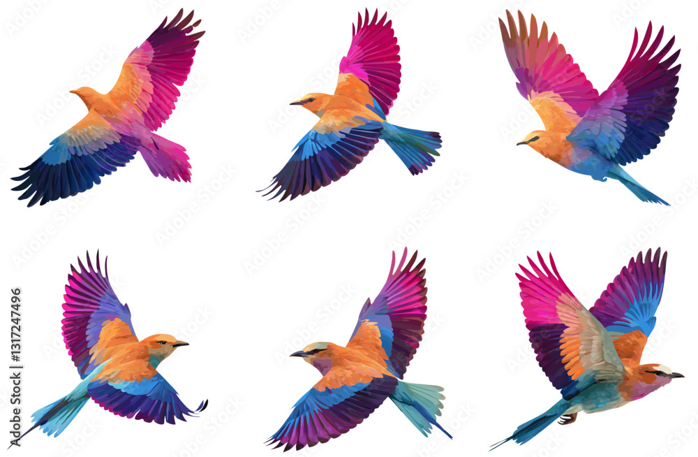 Fototapeta premium Colorful Lilac-Breasted Roller Bird in Flight: Vibrant Wildlife Photography, Exotic Bird Species, Nature Art Print, Flying Bird Image