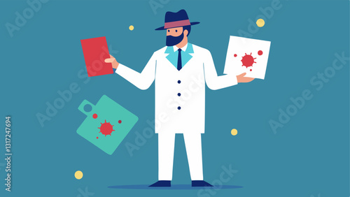 Splatter Pattern Identification An investigator holds a visual reference guide showing different spatter patterns comparing it with stains found at the scene.