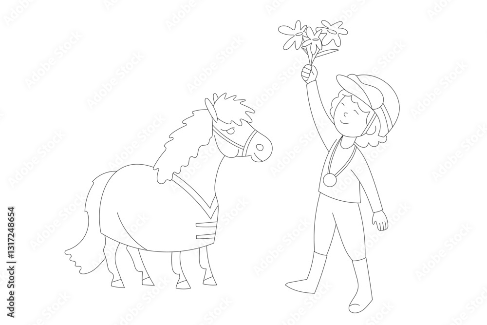 Obraz premium Young equestrian rider with a helmet and medal holding flowers high, standing next to a pony wearing a rug.