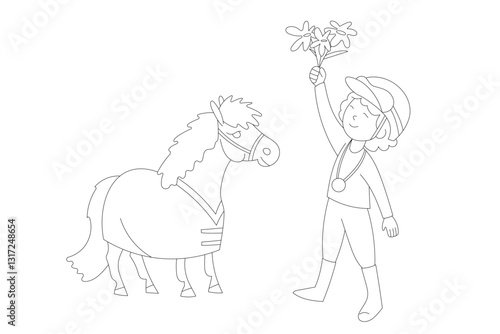 Young equestrian rider with a helmet and medal holding flowers high, standing next to a pony wearing a rug.