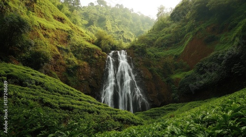 Lush Cascade, Serene Waterfall Flowing Through Verdant Greenery Landscape