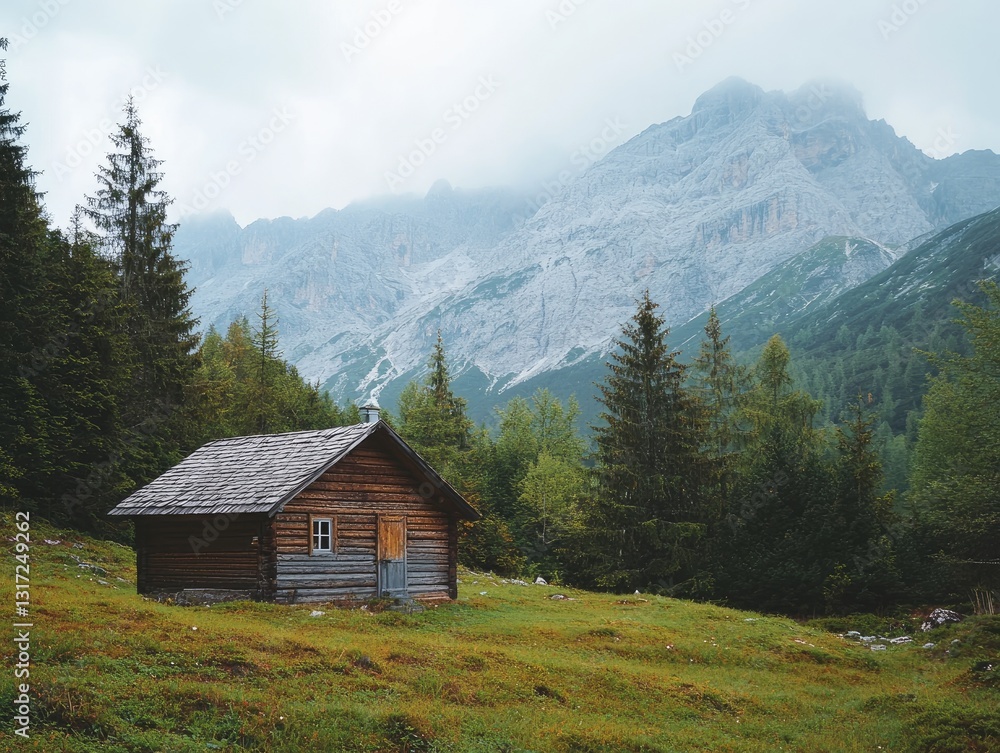 Secluded Log Cabin nestled in a Mountainous Landscape on a Misty Day Secluded Log Cabin nestled in a Mountainous Landscape on a Misty Day
