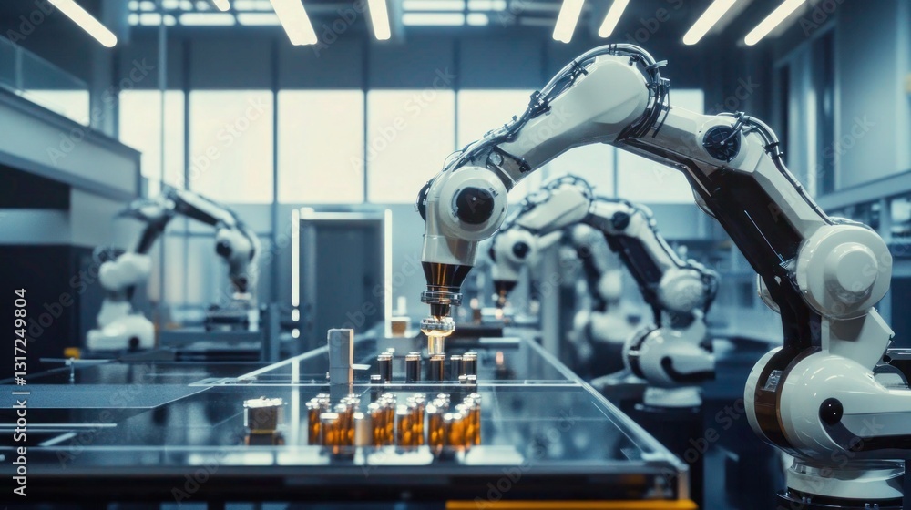 Automated robotic arms precisely assemble components in advanced factory Automated robotic arms precisely assemble components in advanced factory