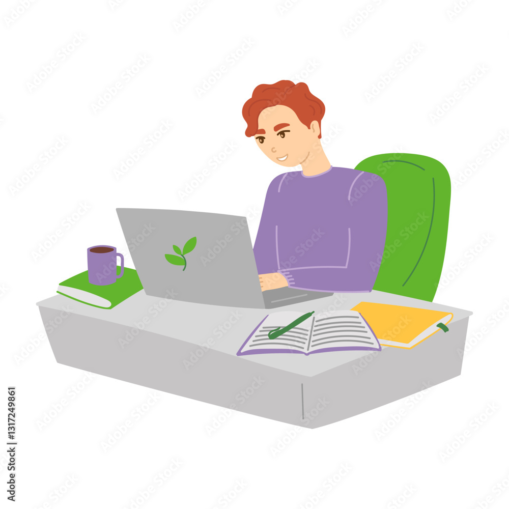 Man sitting by laptop at desk in flat cartoon design. Vector illustration Man sitting by laptop at desk in flat cartoon design. Vector illustration