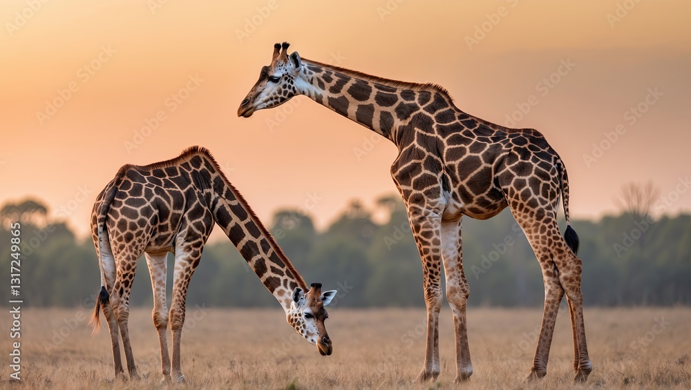 Obraz premium Two majestic giraffes standing gracefully in an open savannah at sunset, showcasing their long necks and distinctive patterns