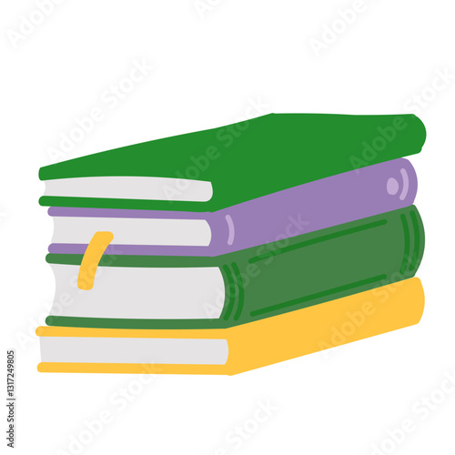 Stack of books in flat cartoon design. School textbooks with hardcovers and bookmark. Library and bookstore paper items in pile. Information and creativity literature publications. Vector illustration