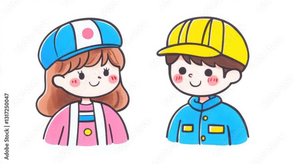 Cute Cartoon Characters Wearing Colorful Caps and Smiling with Joyful Expressions in Playful Style Cute Cartoon Characters Wearing Colorful Caps and Smiling with Joyful Expressions in Playful Style