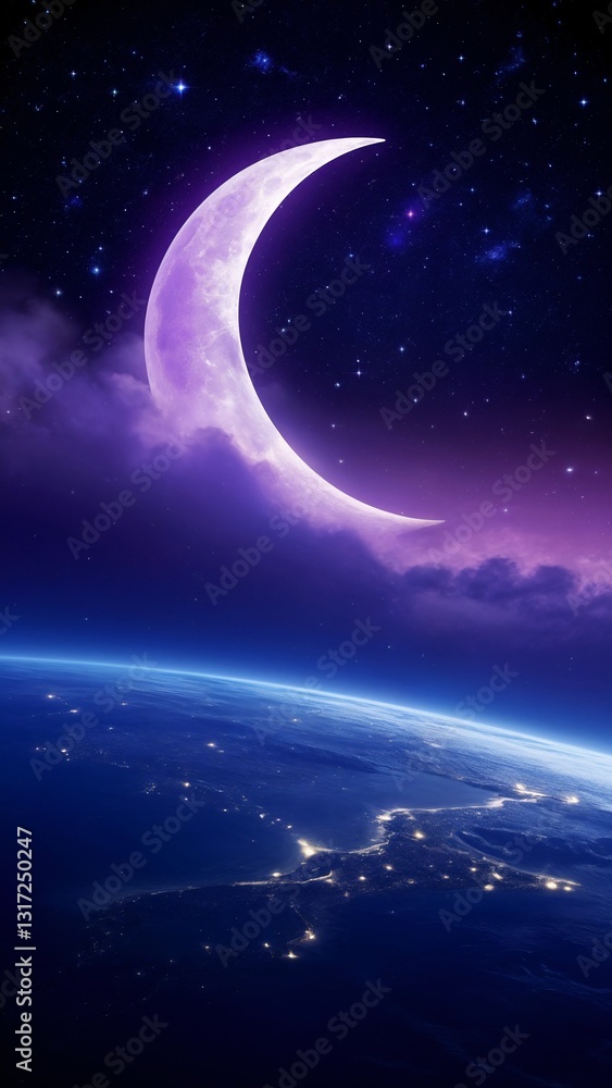 Fototapeta premium A view of the earth from space with a crescent in the sky.