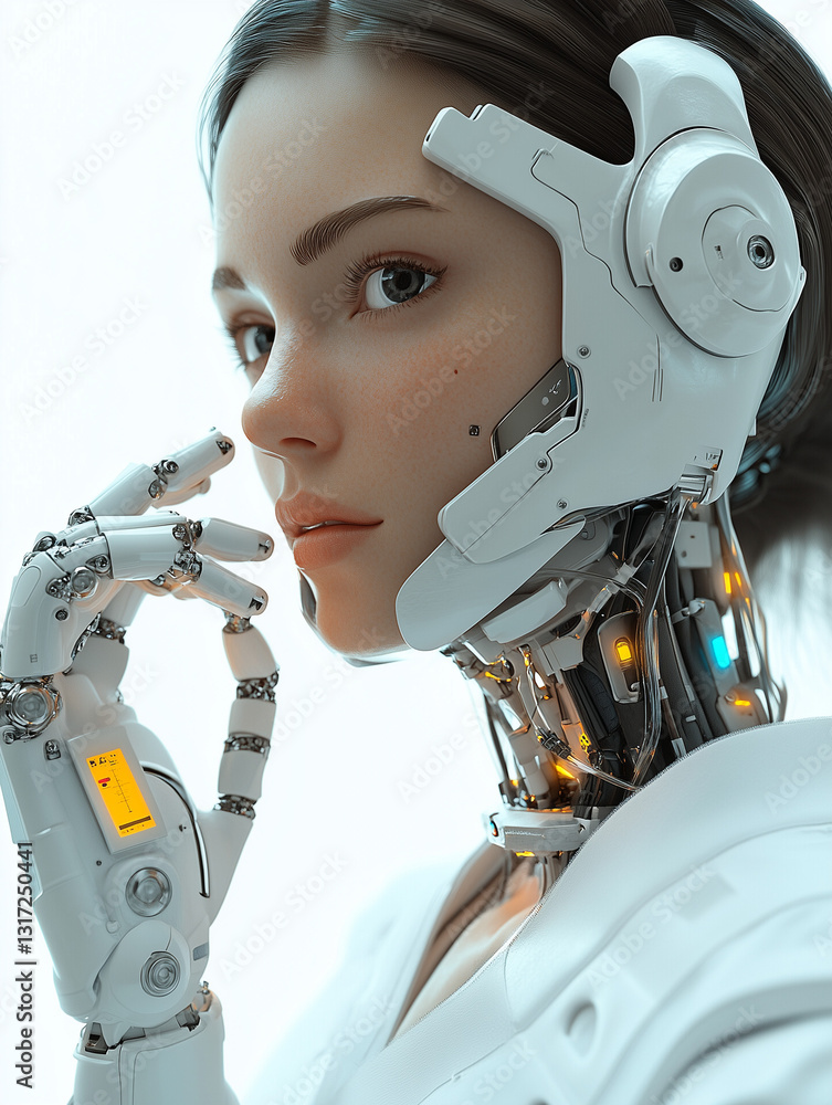 Fototapeta premium Futuristic female robot with cybernetic arm, close-up, thoughtful expression, modern white background