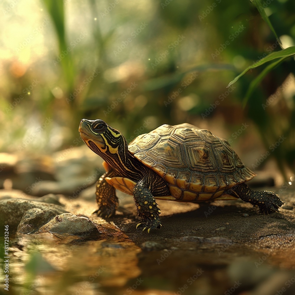 Obraz premium A turtle exploring a serene natural environment by the water.