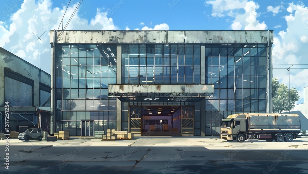 Obraz premium Anime Style Industrial Building Exterior with Truck and Boxes