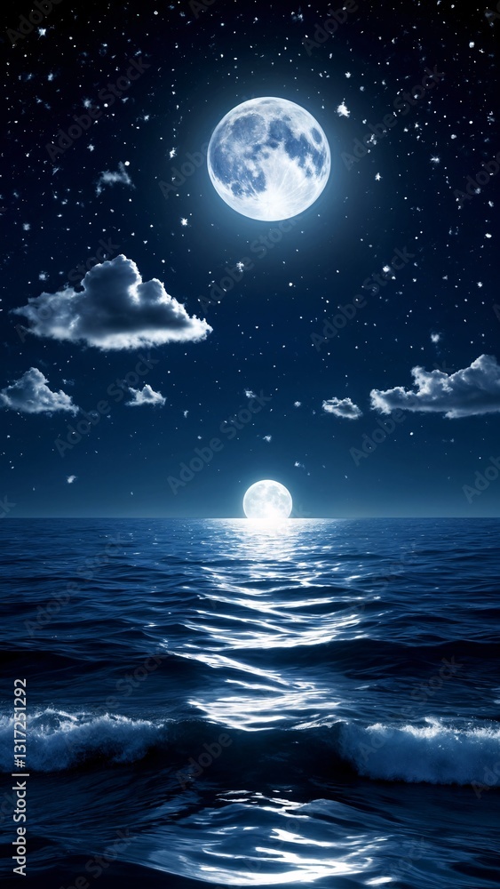 A full moon shines brightly over the ocean at night. A full moon shines brightly over the ocean at night.