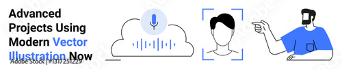 Cloud with microphone and sound waves for voice recognition, facial scan with square frame lines, pointing person engaging in interaction. Ideal for innovation, AI, biometrics, recognition