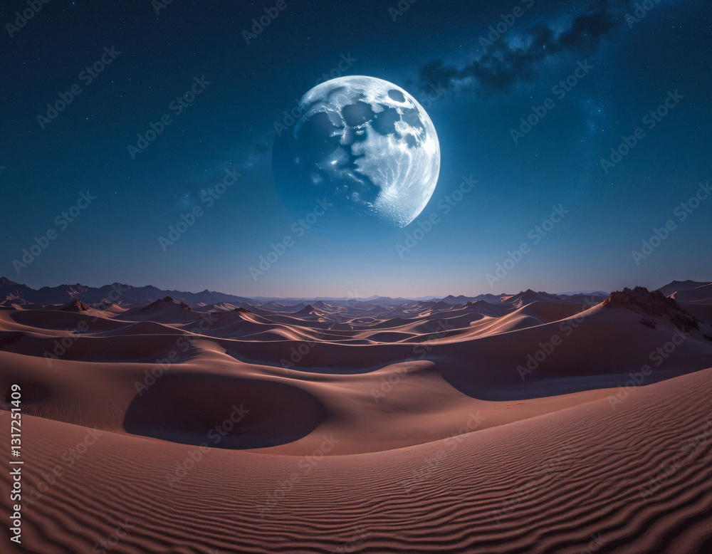 Naklejka premium Majestic desert at night with sand dunes under full moon and starry sky. generative AI