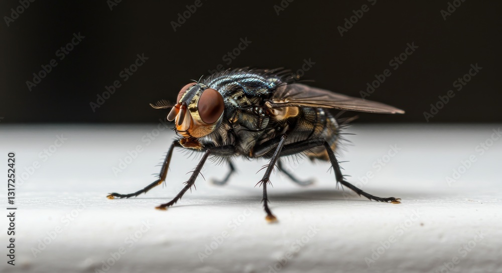 Housefly Close Up on White Sill - Detailed macro of a housefly on a white surface, symbolizing nature, insects, macro , wildlife, and detail Housefly Close Up on White Sill - Detailed macro of a housefly on a white surface, symbolizing nature, insects, macro , wildlife, and detail