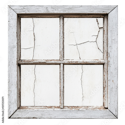 A vintage window frame with cracked panes and weathered wood, showcasing rustic charm and signs of aging. isolated on white background.