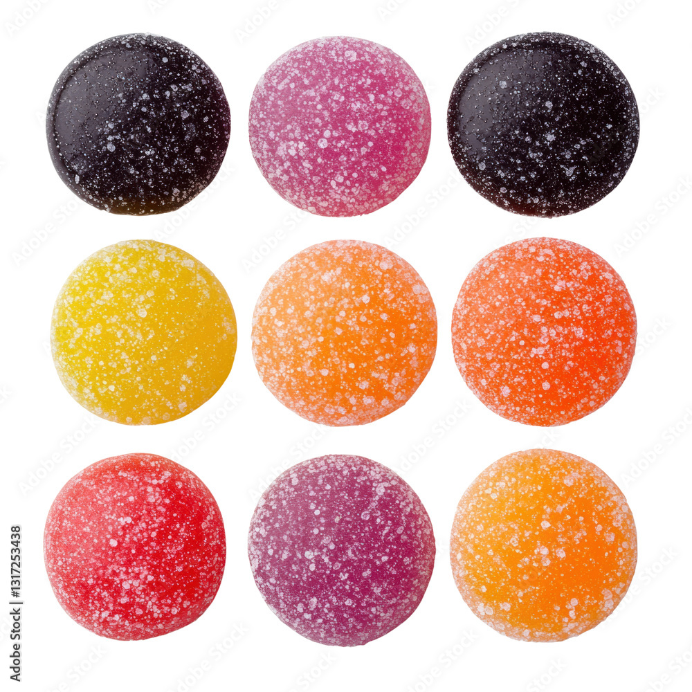 Colorful gummy candies arranged in a grid pattern, showcasing various flavors and sugar-coated textures. isolated on white background. Colorful gummy candies arranged in a grid pattern, showcasing various flavors and sugar-coated textures. isolated on white background.