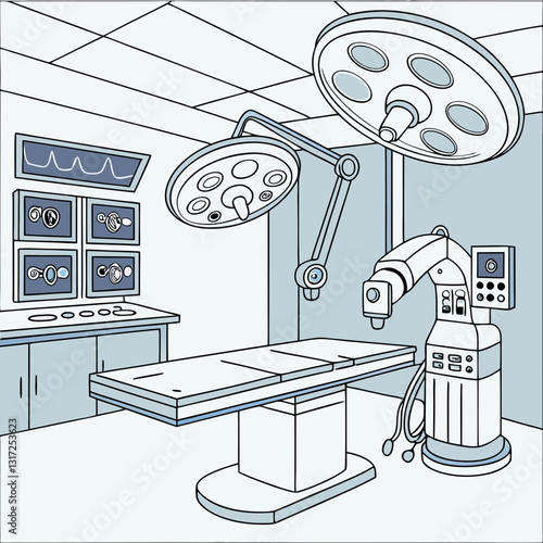 A sterile, futuristic operating room with robotic arms and AI-assisted machines.
