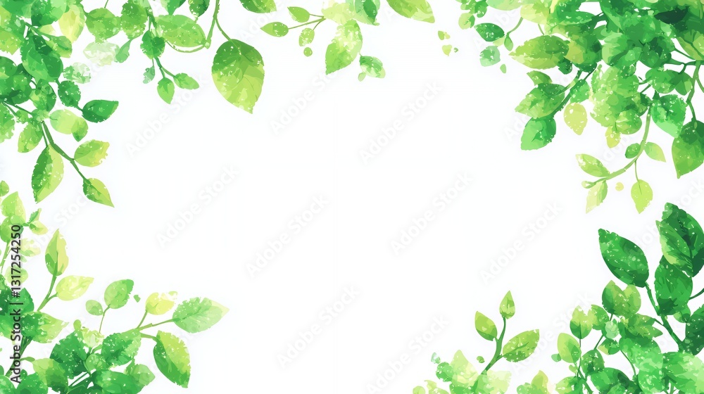 Watercolor Green Leaves Frame on White Background Watercolor Green Leaves Frame on White Background
