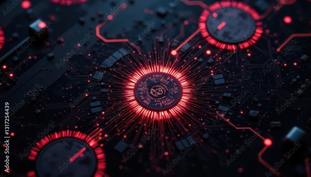 A detailed close up of a quantum circuit, emphasizing fine details under sharp, focused lighting highlighting its complexity.