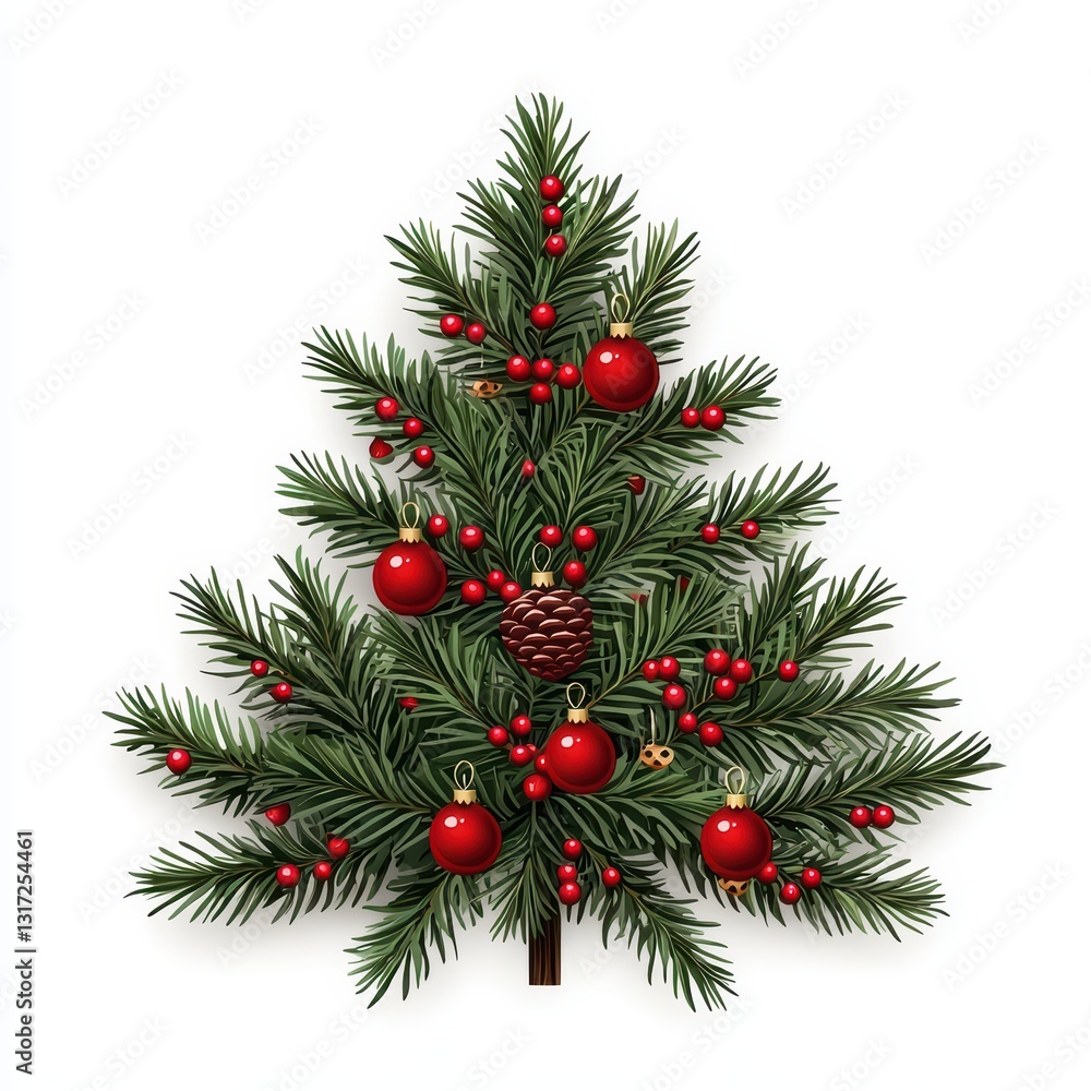 Beautifully Decorated Christmas Tree with Pine Branches and Ornaments in Vivid Colors Beautifully Decorated Christmas Tree with Pine Branches and Ornaments in Vivid Colors