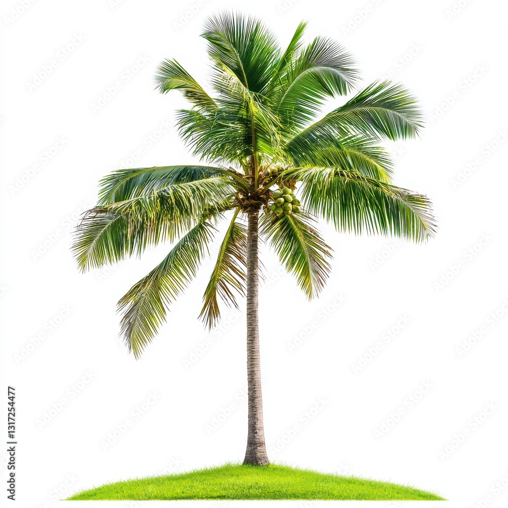 Obraz premium Tall Slender Coconut Tree with Vibrant Green Leaves and Fresh Coconuts on White Background
