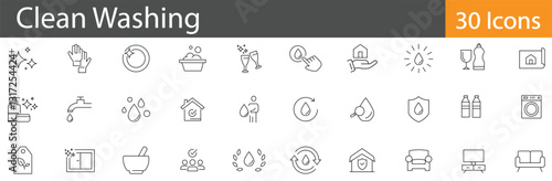 Clean and Washing Line Icons Set. Collection of 30 outline icons representing hygiene, sanitation, cleaning tools, laundry, and disinfection. Editable stroke vector illustration.