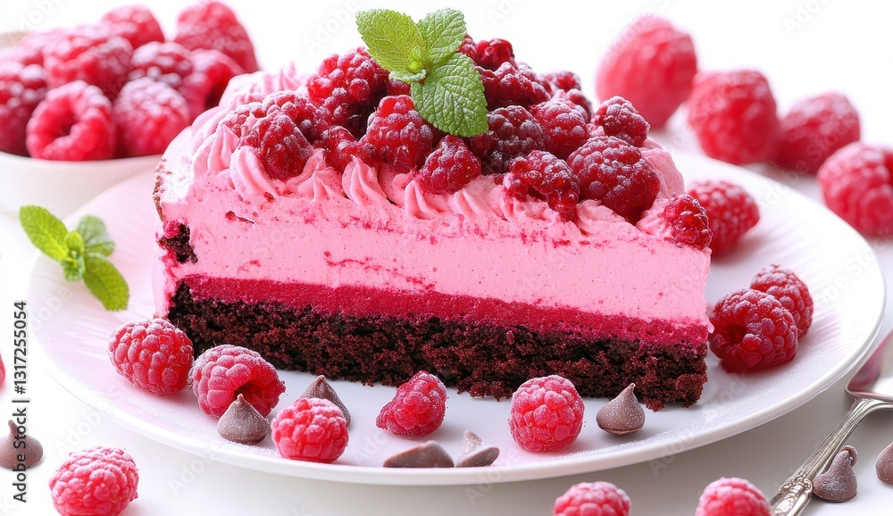 Pink Raspberry Layered Chocolate Cake Dessert on White Plate Pink Raspberry Layered Chocolate Cake Dessert on White Plate