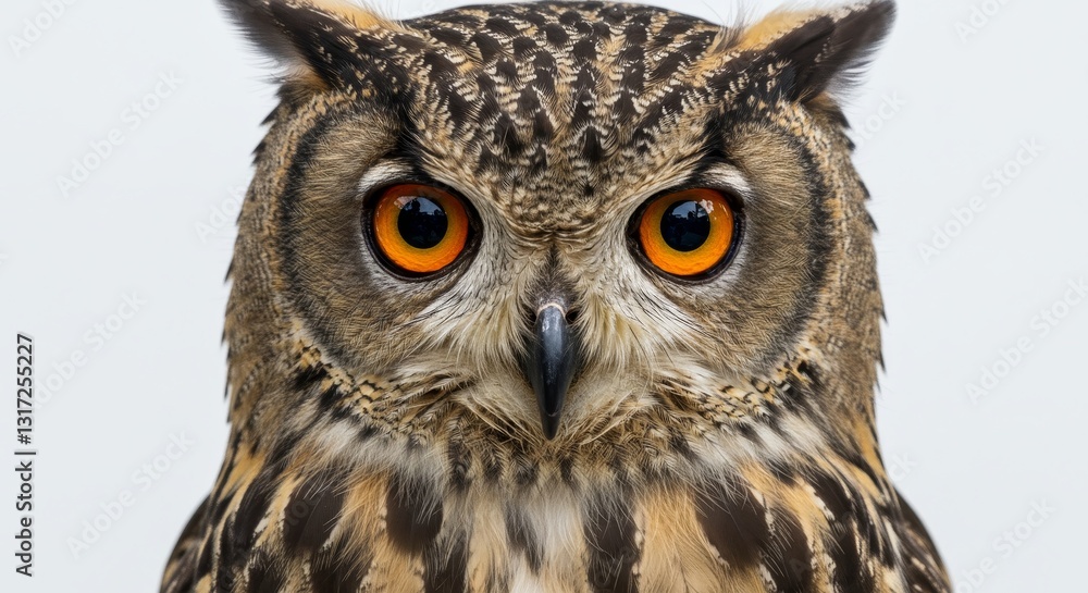 Obraz premium Majestic Owl with Striking Orange Eyes - A close-up of a majestic owl, symbolizing wisdom, mystery, solitude, nature, and keen observation. Its bright orange eyes are captivating