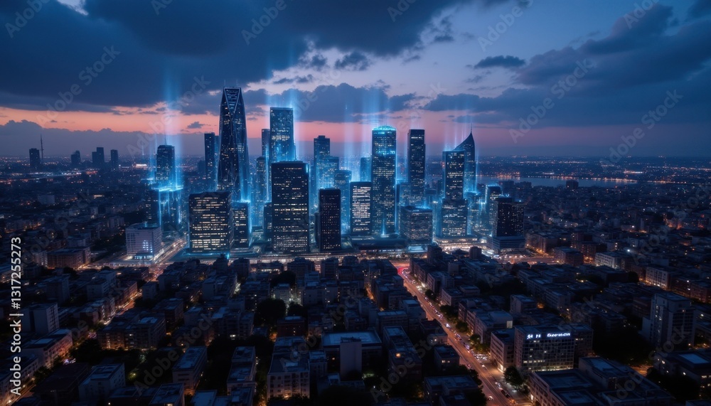 Fototapeta premium A stylized digital skyline at dusk with skyscrapers made from light, representing the growth of cybersecurity technology.