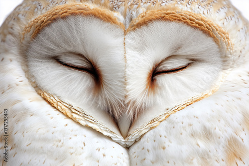 Barn owl displays heart-shaped face against pure white background, showcasing unique facial features and soft plumage photo