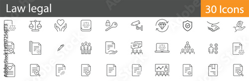 Law and Legal includes outline vector icons illustrating legal services, courtroom elements, contracts, lawyers, and justice system symbols. Editable stroke vector illustration.
