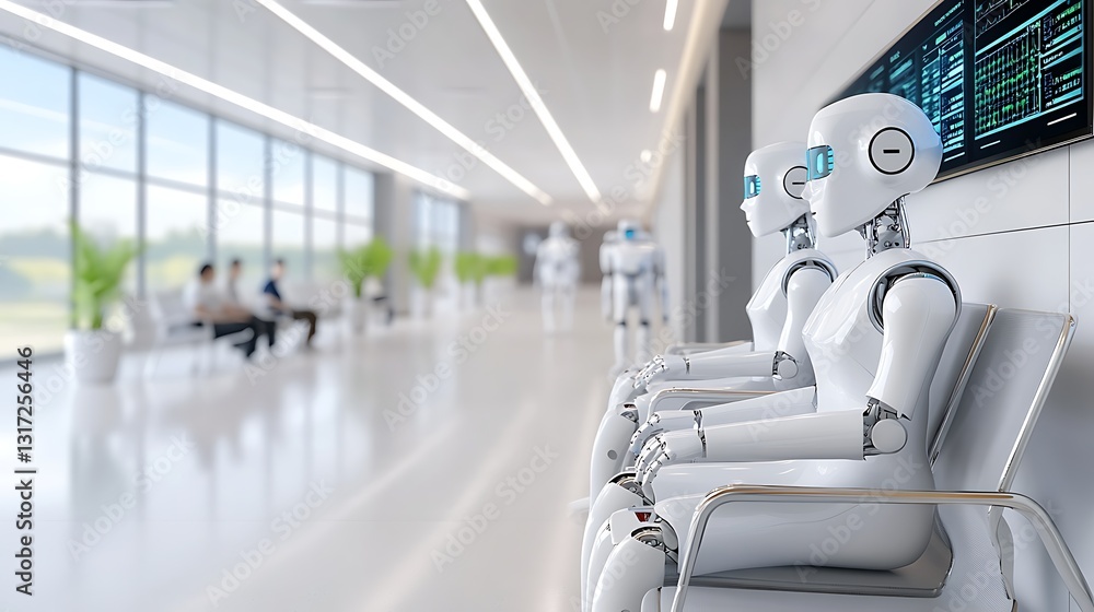 Obraz premium Futuristic Healthcare Center with Humanoid Robots and Patients in a Modern Waiting Area