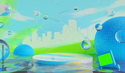 retro-future y2k 2000s frutiger aero aqua web 2.0 gloss with stage podium for product display showcase, 3d illustration rendering abstract background, technology and nature concept