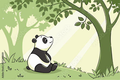 Cute Cartoon Panda in Bamboo Forest - Vector Illustration of Wild Mammal in Nature, Asia, Fun and Playful Baby Animal