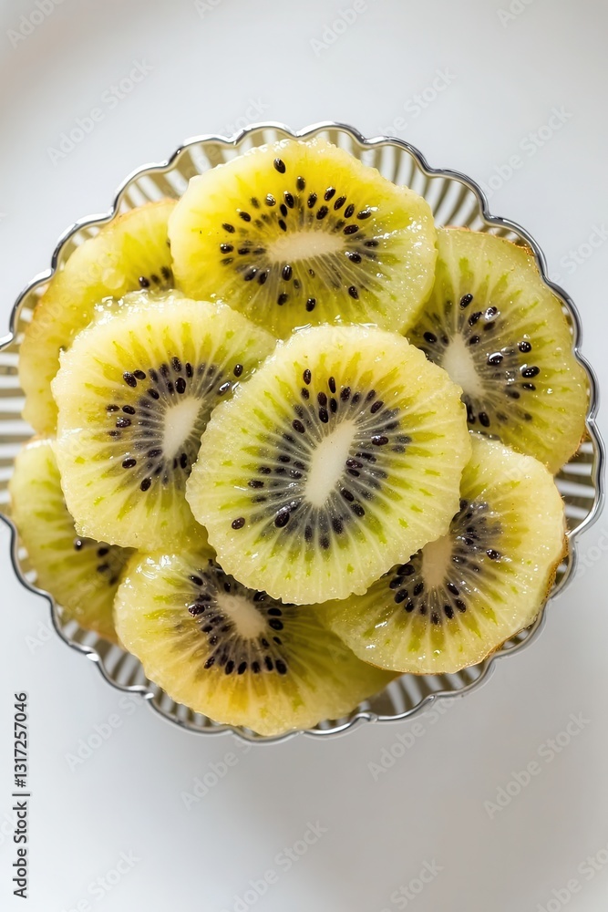 Top Down View of Freshly Sliced Kiwi Arranged in a Basket on a Light Background